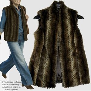 VTG 90s Y2K Liz Claiborne Faux Fur Vest Brown Beige M Boho Glam Western Mob Wife
